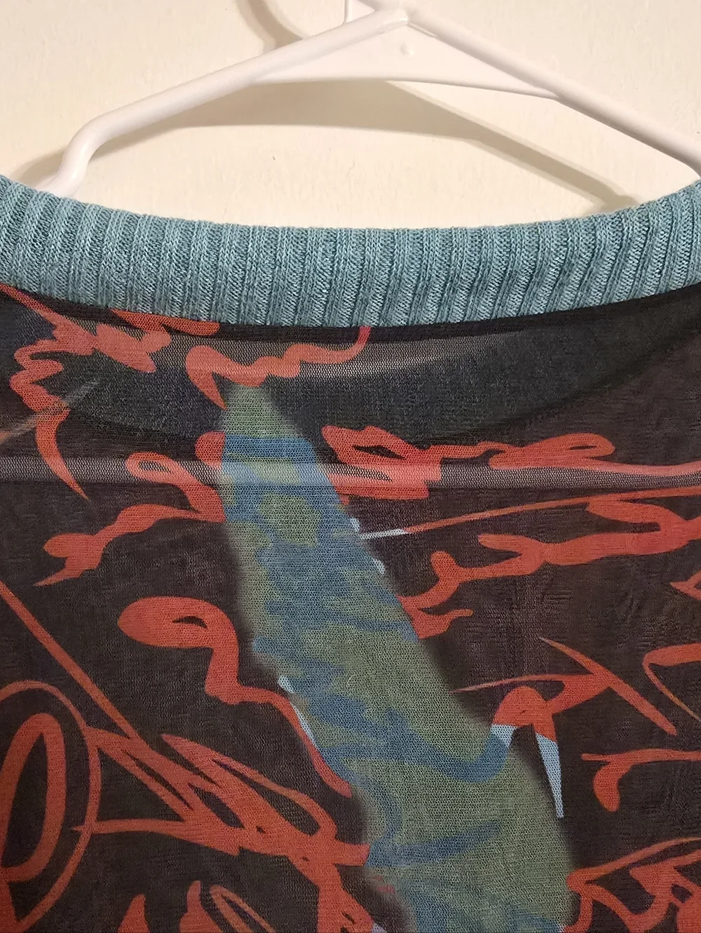 Y2K Vintage Sheer Slim Top Long Sleeve Round Neck Pattern Print Mesh Patchwork S - Picture 9 of 17